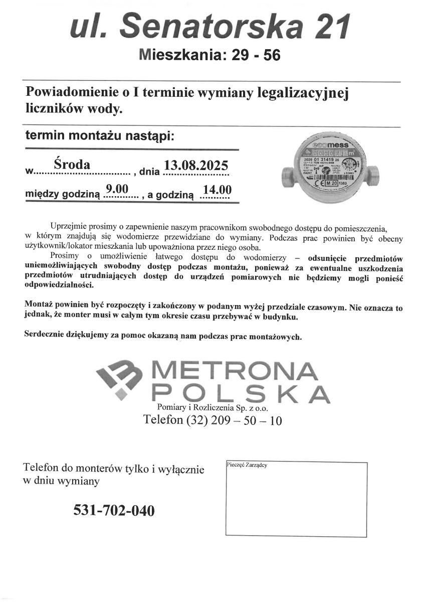 Harmonogram wymiany wodomierzy w zasobach Spółdzielni