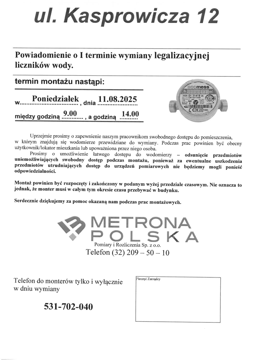 Harmonogram wymiany wodomierzy w zasobach Spółdzielni