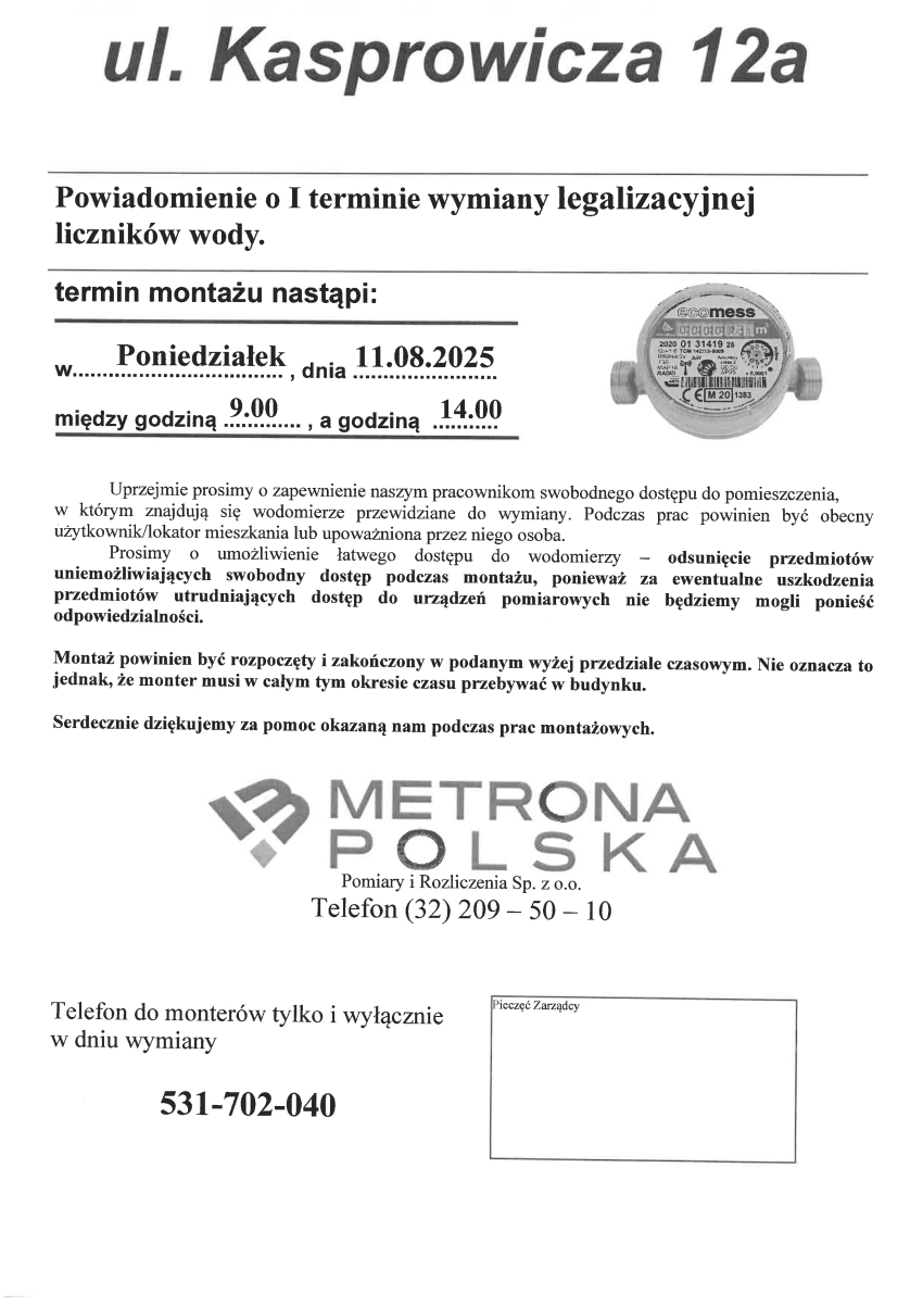 Harmonogram wymiany wodomierzy w zasobach Spółdzielni