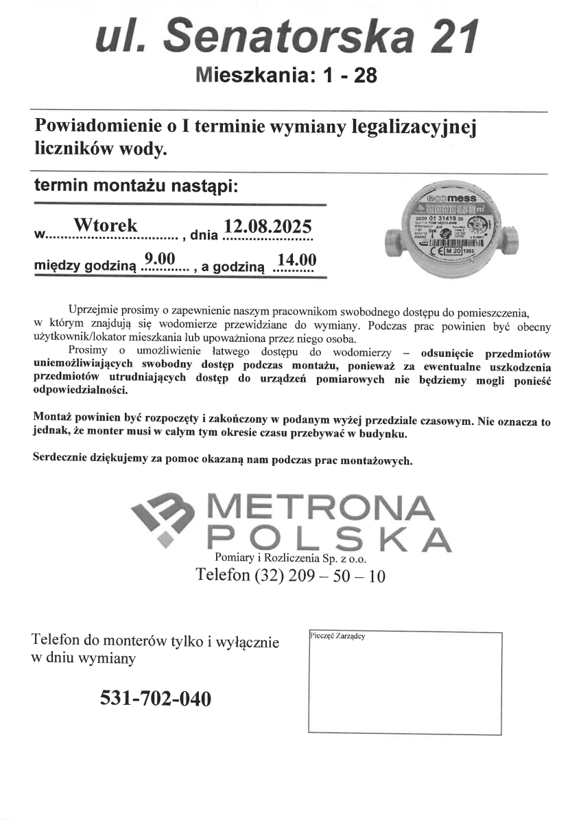 Harmonogram wymiany wodomierzy w zasobach Spółdzielni