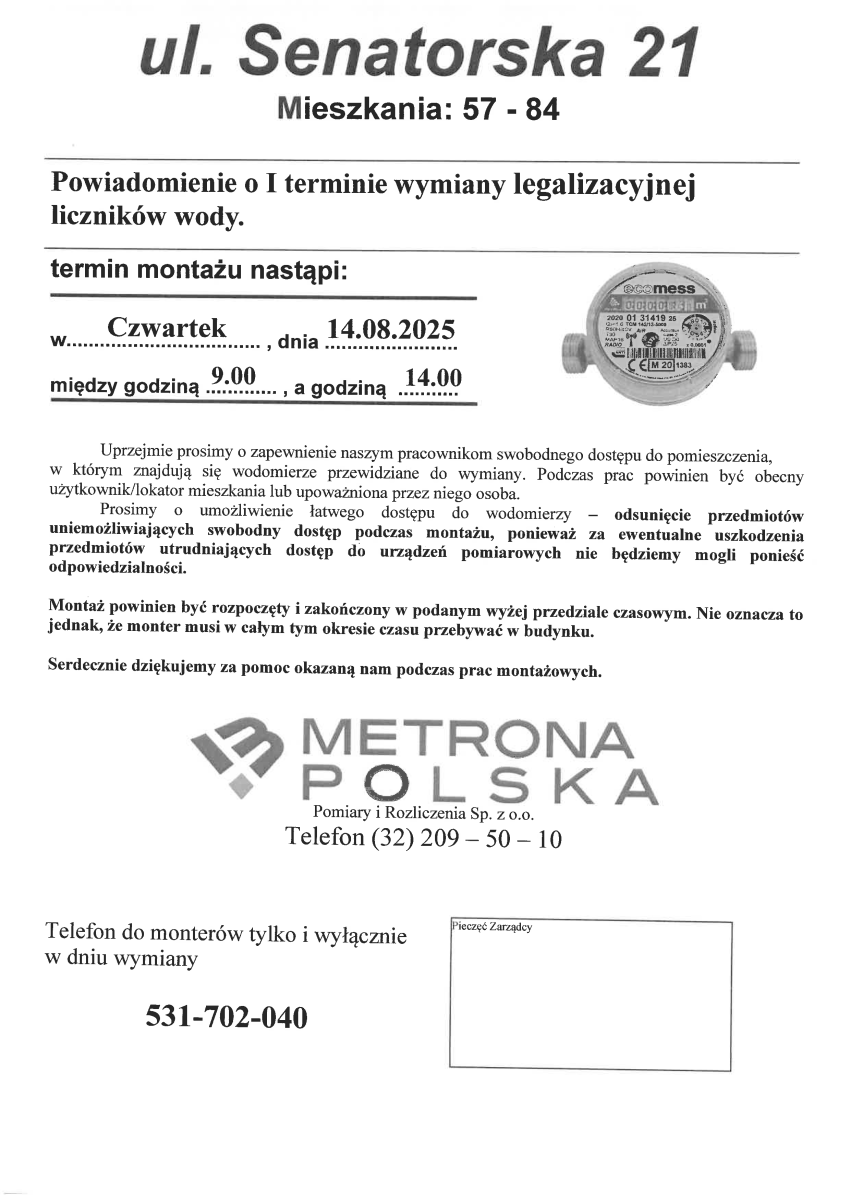 Harmonogram wymiany wodomierzy w zasobach Spółdzielni