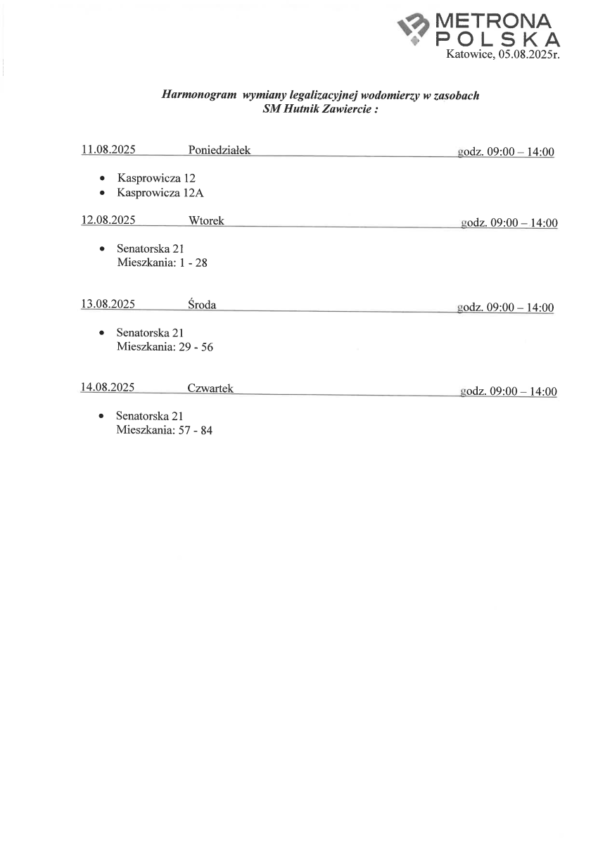Harmonogram wymiany wodomierzy w zasobach Spółdzielni