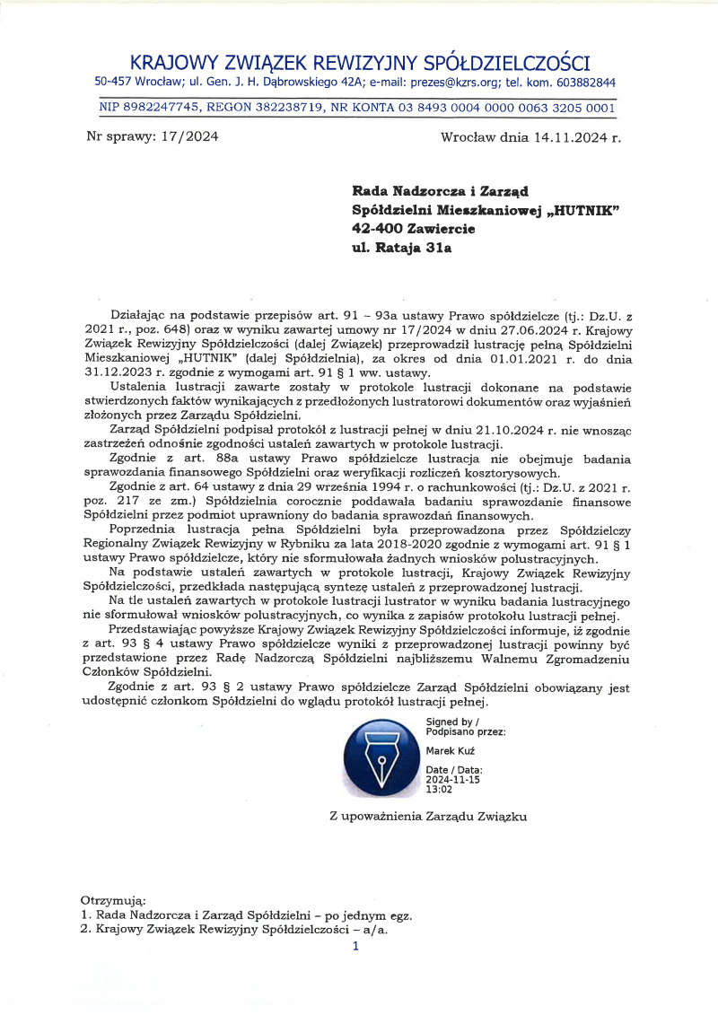 List polustracyjny z lustracji pełnej Spółdzielni Mieszkaniowej 